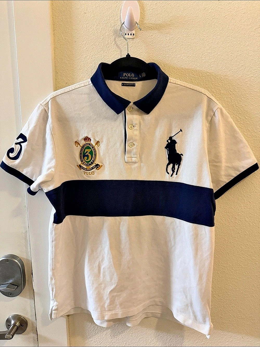 Polo Ralph Lauren Big Pony Crest Polo Men’s L Custom Slim Fit White Navy #3